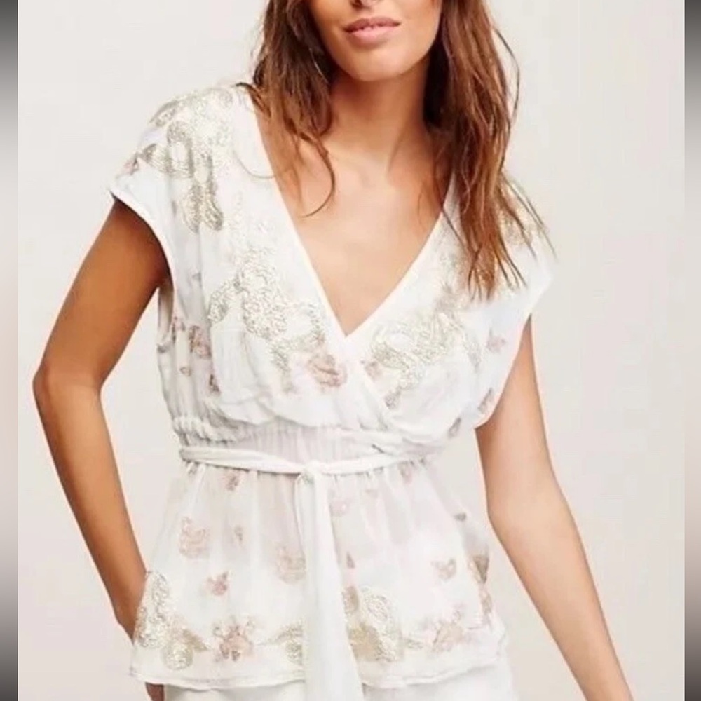 Free People Ohh La La Embellished Top IVORY Sz S